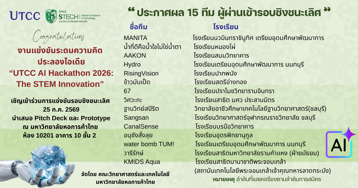 ประกาศรายชื่อ 15 ทีมสุดท้าย ผู้ผ่านเข้ารอบชิงชนะเลิศ! “UTCC AI Hackathon 2026: The STEM Innovation”