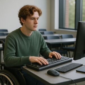 นักศึกษาที่ใช้รถเข็นและคีย์บอร์ดพิเศษในการสั่งงานคอมพิวเตอร์