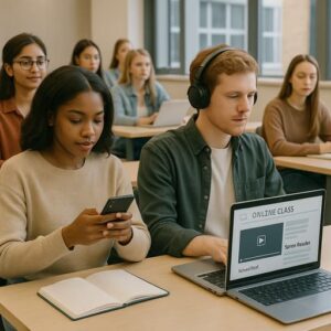 นักศึกษาที่ใช้ทั้งมือถือและอุปกรณ์อ่านหน้าจอในการเข้าเรียนออนไลน์