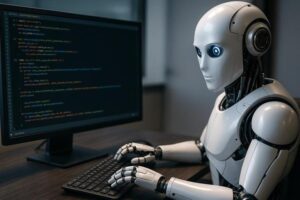 ภาพหุ่นยนต์ AI ช่วยเขียนโค้ด แสดงให้เห็นการทำงานแบบผู้ช่วยนักพัฒนา