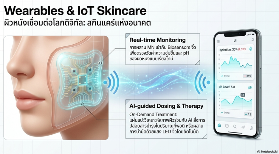 รูปที่ 3 ลักษณะของ Smart Patch ที่รวมเข้ากับ Wearable Electronics และ AI ที่มา: NotebookLM 